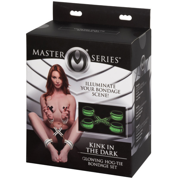 Master Series Kink in the Dark Pimeässä Hohtava Hog Tie Bondage-setti Kuva tuotepakkauksesta 90