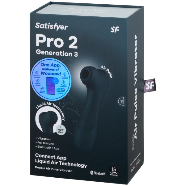 Satisfyer Pro 2 Generation 3 Black Liquid Air Sovelluksella Ohjattava Paineaaltokiihotin Kuva tuotepakkauksesta 90